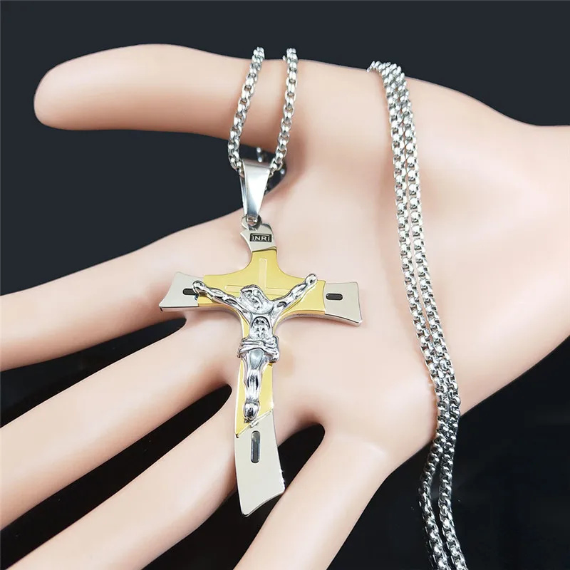 Cross Jesus Crucifix Stainless Steel Multilayer Pendant Necklace Gold Silver Color Male Necklace Jewelry collier homme NXH43S02