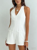 Women's Halter Neck Romper White V Neck Sleeveless Elegant Spring Summer Party Casual Vacation One Piece Playsuit - Image 5