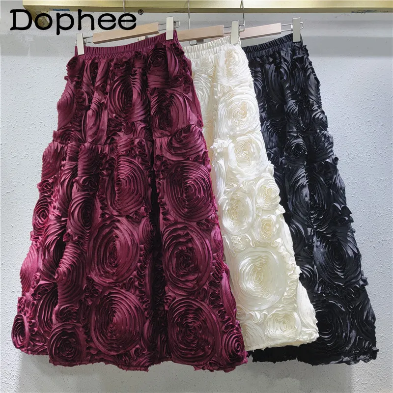 Heavy Industry Flower Mesh Big Pendulum A Line Umbrella Skirt Spring and Autumn New Elegant 3d Flower Long Skirt Retro Skirt