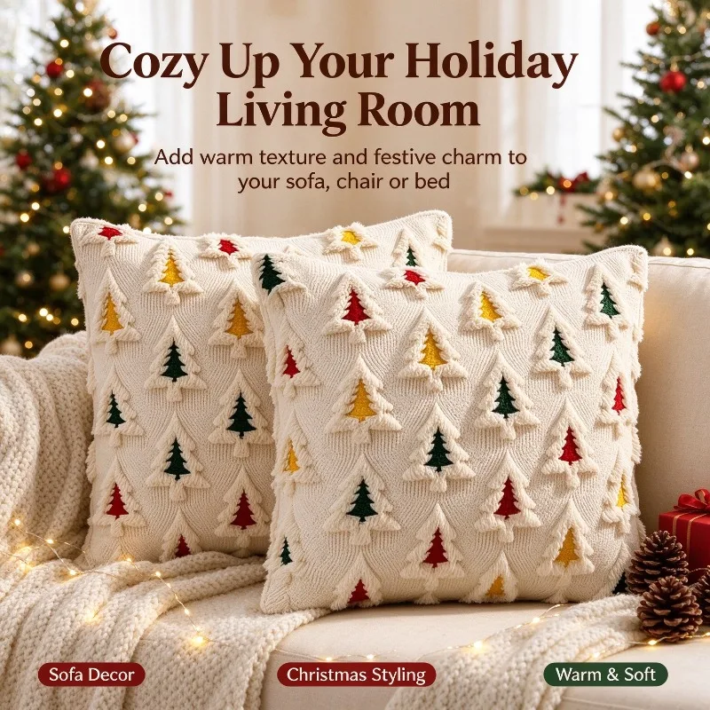 1PC Christmas Pillow Cover Plush Embroidered Christmas Tree Pattern Sofa Cushion Case Living Room Home Decoration Pillowcase