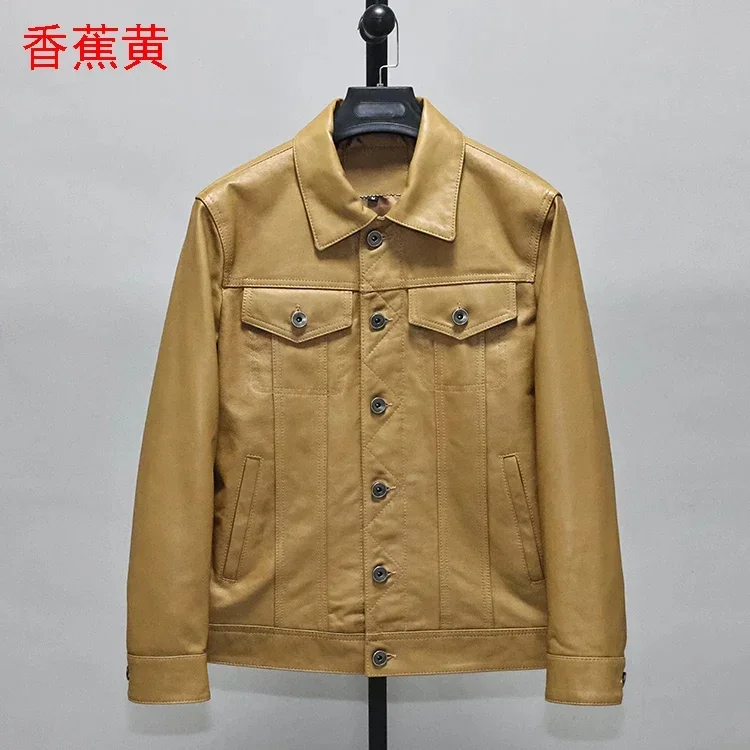 Men's Spring and Autumn Coat Genuine 100% Real Leather Natural Sheepskin Lambskin Jacket for Male High Street Outerwear Yellow