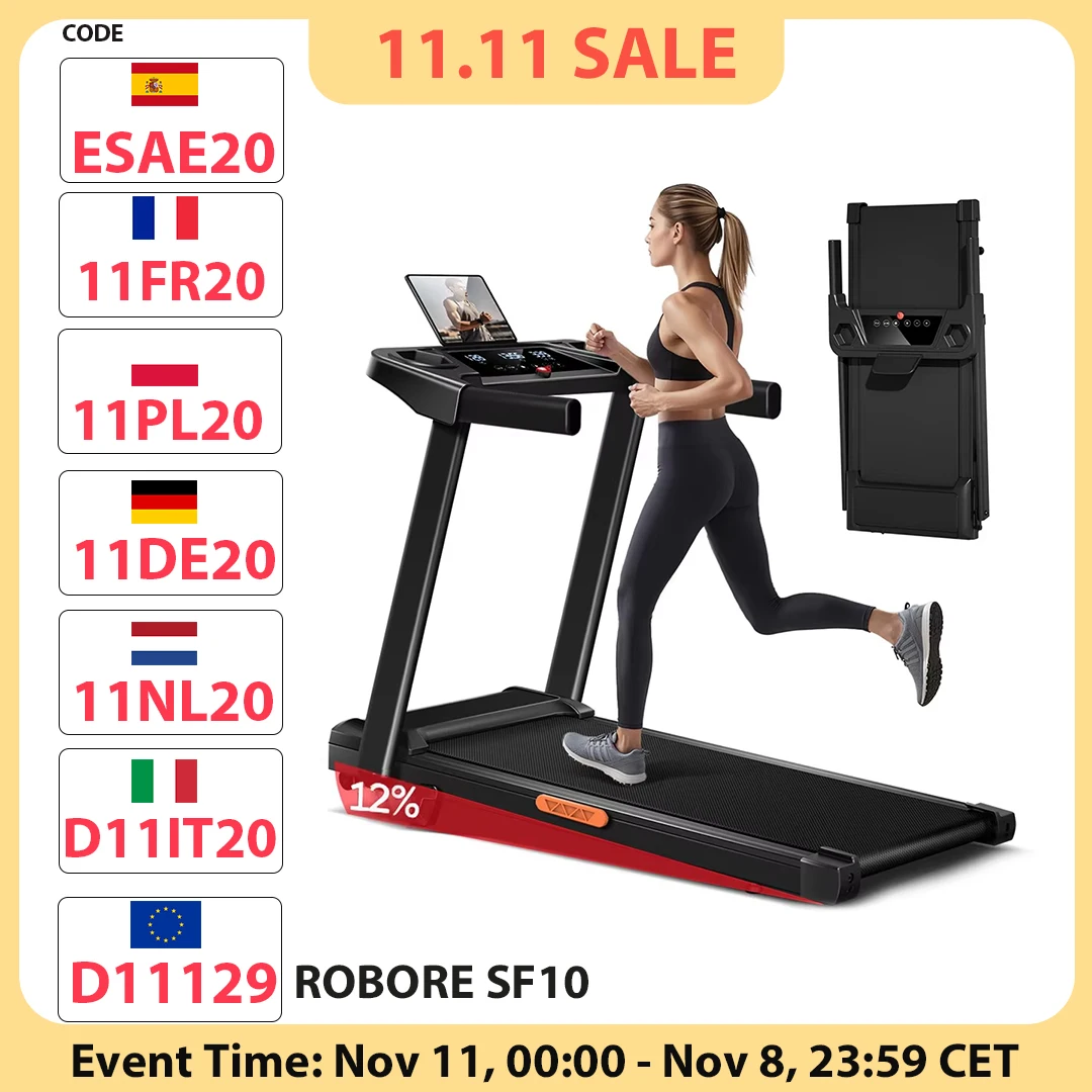 Cinta de correr ROBORE SF10 con 12% inclinación, cinta de correr eléctrica de 12 KM/H, cinta de correr plegable para el hogar con motor de 3,0 HP y pantalla LED