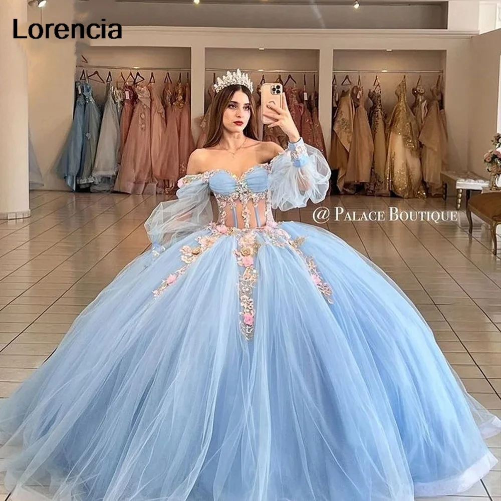 Lorencia mexikanisch blau quince anera kleider applique 3d blume perlen abnehmbare ärmel tüll süß 16 vestidos de 15 años yqd653