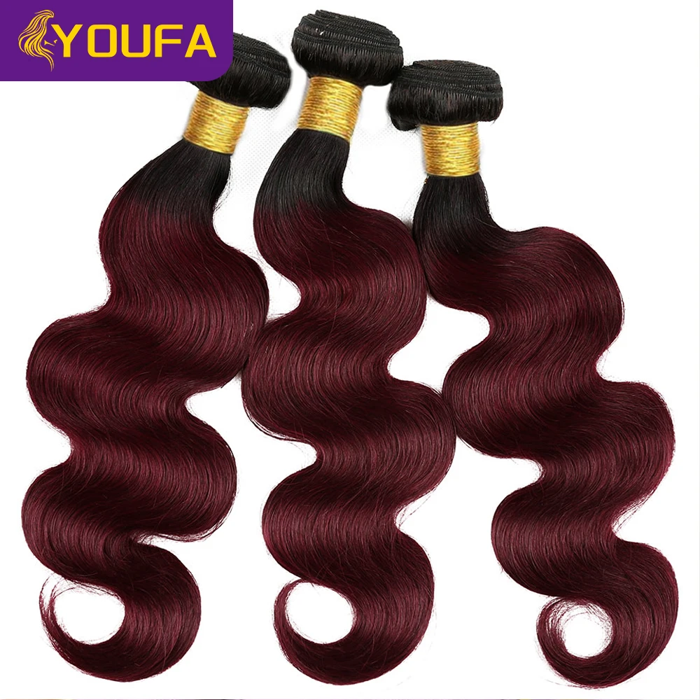 YOUFA Burgundy Body Wave Human Hair Bundles 10-28 Inch 100% Brazilian Ombre Color 1B/99J Dark Wine Red Human Hair Weave Bundles