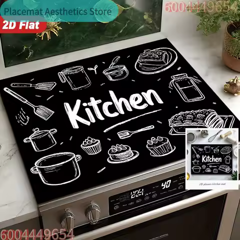 2D Kitchen Utensil Illustration Stove Mat &ndash; Heat &amp; Scratch Resistant, Easy-Clean Cover for Induction,Ceramic &amp; Electric Cooktops