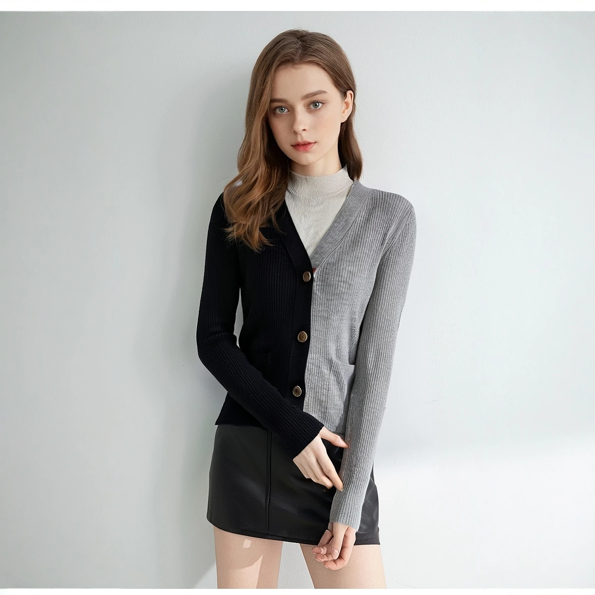 Z700 V-neck color contrast high-end 100% cashmere single-breasted pocket long sleeve knit cardigan