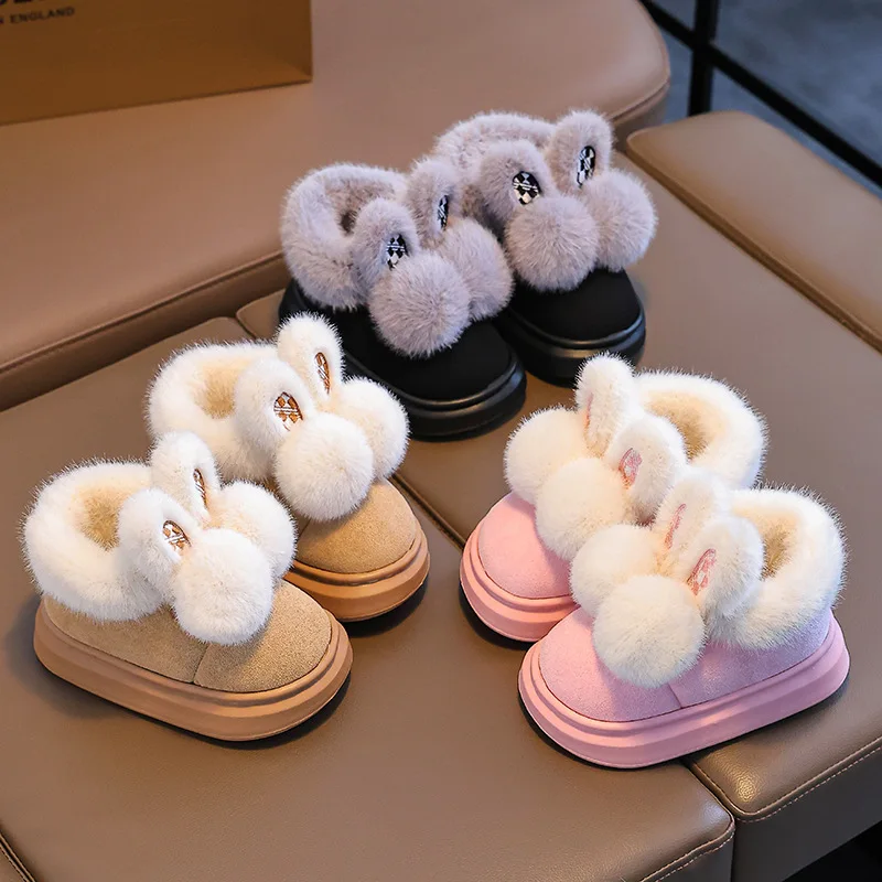 Kids'Slippers Plush Cartoon Fluffy Suede Winter Shoes For Children Anti-slip Thick Bottom Home Slipper Black Pink Size 24-41