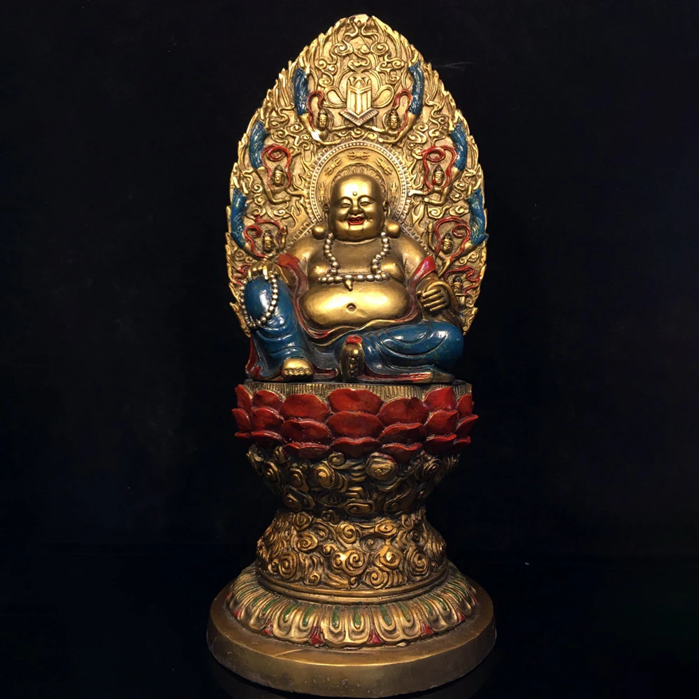 Exquisite Old Bronze Painted Laughing Maitreya Buddha Statue with Halo Serene Face Fine Craftsmanship Home Decor