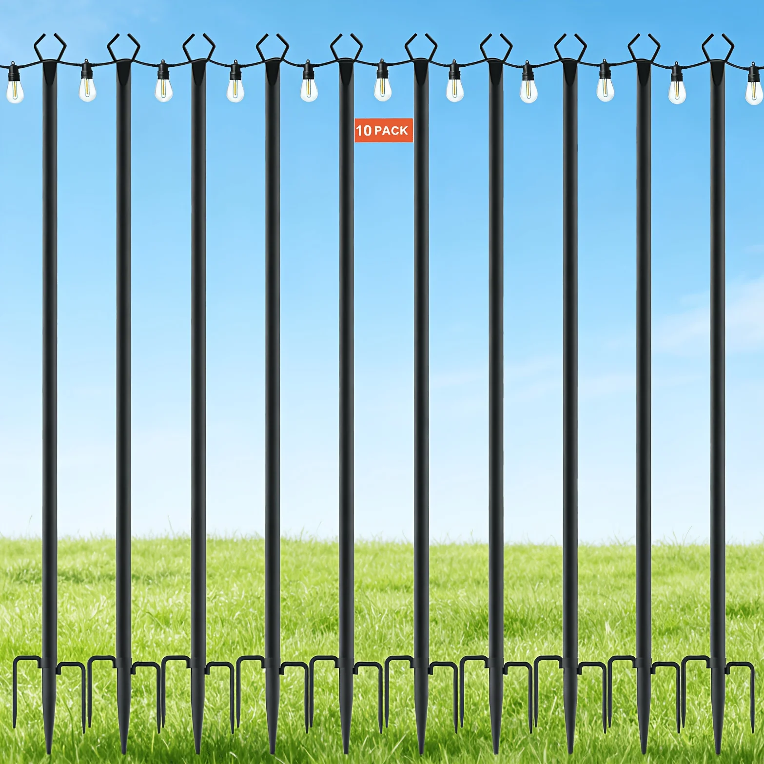 

10 Pack 9ft String Light Poles for Outside, Heavy Duty Metal Outdoor Light Stakes with Prong Fork Base, Fits Most String Lights, Patio Light Pole for Garden, Backyard, Patio, Wedding, Party, Holiday Decorations