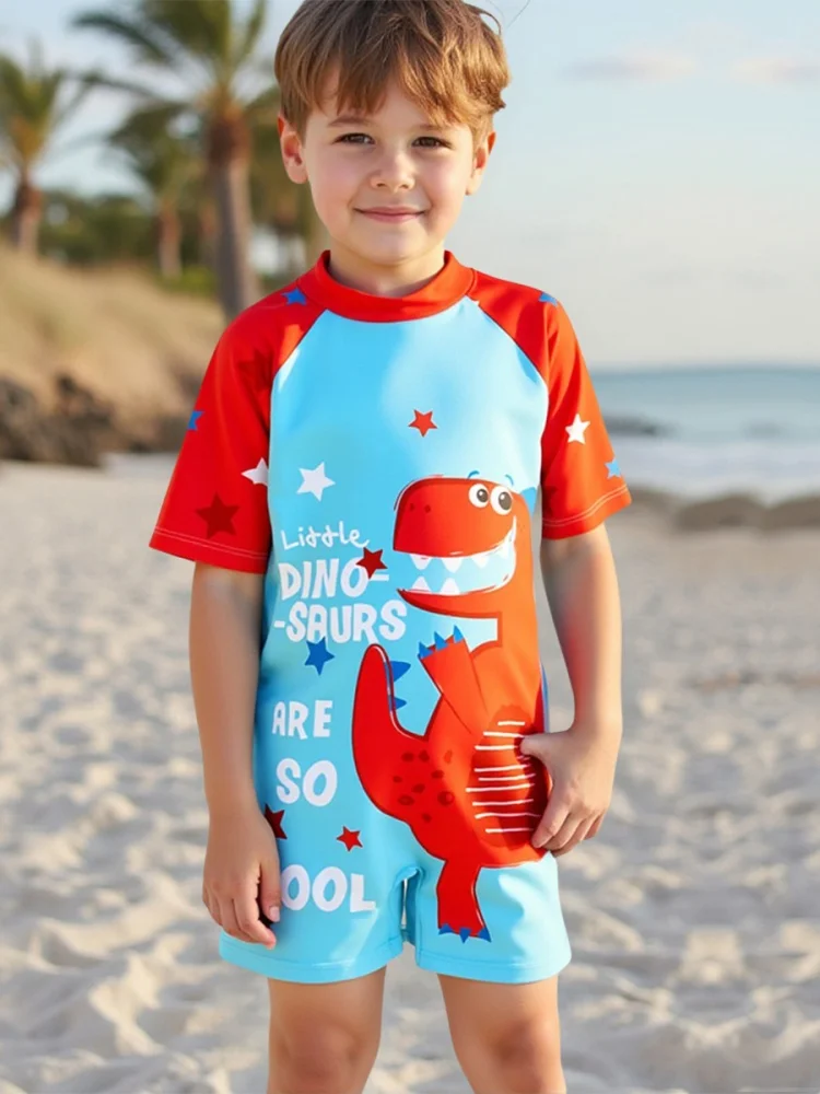 

One Piece Swimsuit Boy 2025 New Cartoon Dinosaur Short Sleeve Bodysuit Children Swimwear Summer Zipper Beach Wear Bathing Suits