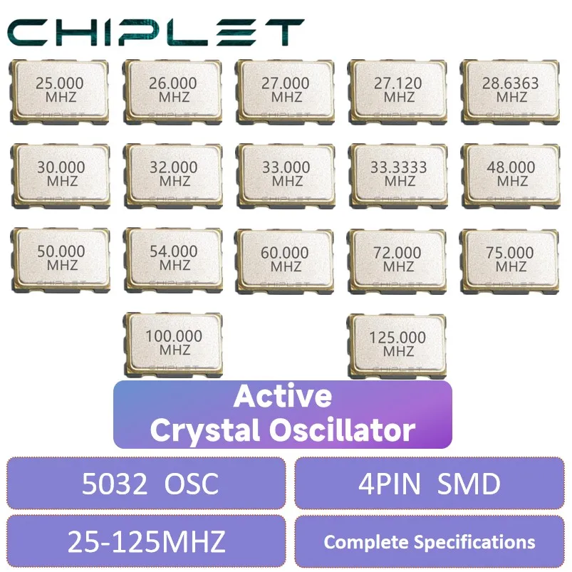 5pcs SMD 5032 Active Crystal Oscillator OSC 4Pin 25MHZ 27MHZ 30MHZ 33MHZ 40MHZ 48MHZ 72MHZ 50MHZ 125MHZ 5032 5*3.2 3.2X5.0MM