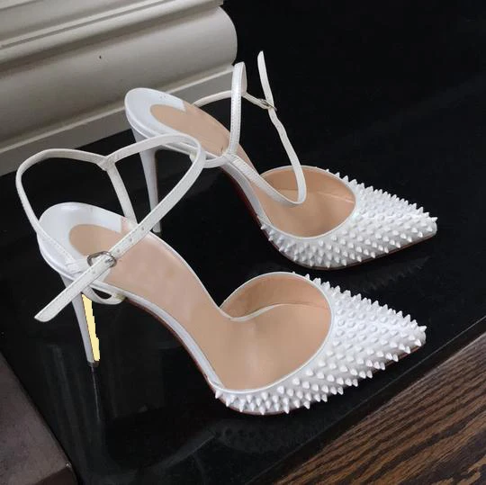 

Fashion Pointed Toe White Rivets Studded High Heel Shoes Sexy Ankle Strap Dress Shoes Thin Heels Pumps