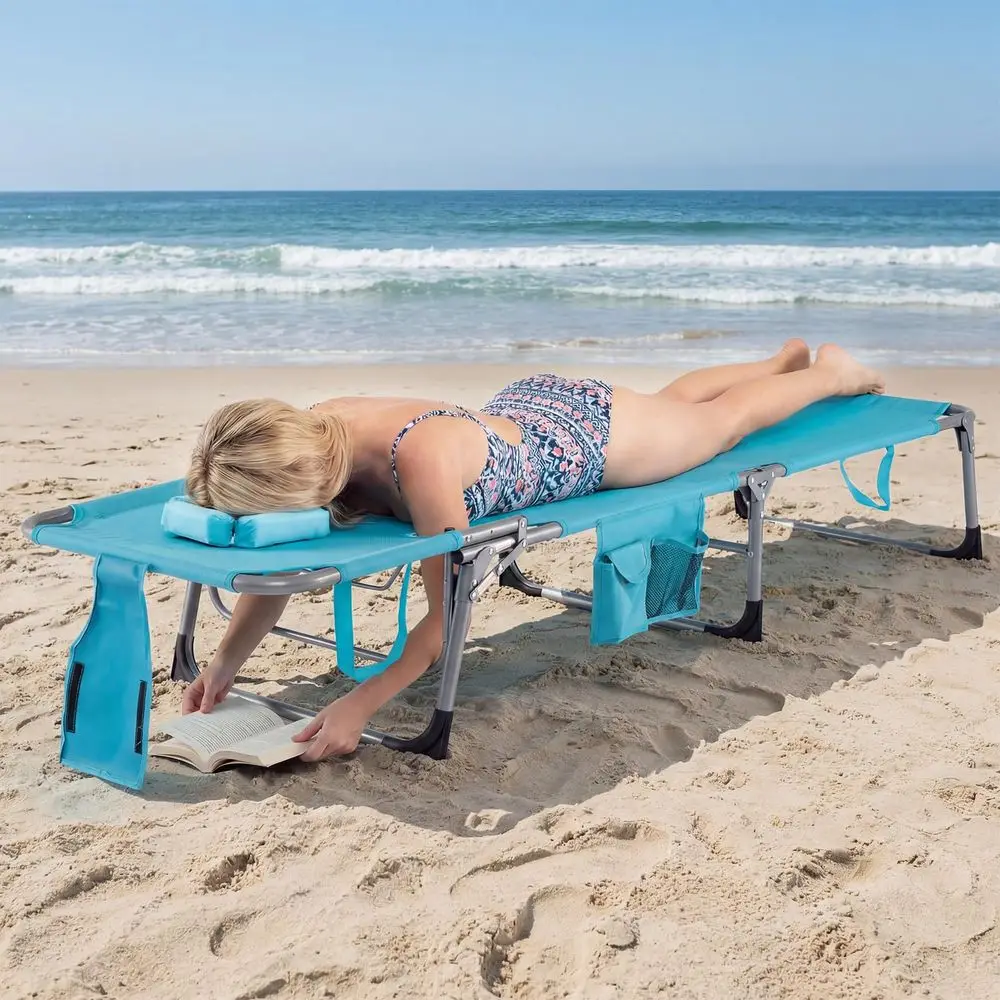 

Tanning Chair with Face Hole, Folding Beach Lounge Chair with 4Position Adjustable Backrest, Pillow amp Side Pocket, Foldable C
