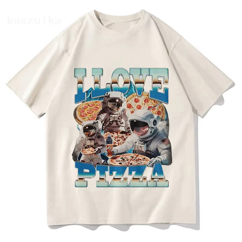 أنا أحب البيتزا مضحك ميمي تي شيرت رائد الفضاء البيتزا عاشق الجرافيك المرأة موضة خمر تي شيرتات قصيرة الاكمام القطن عادية تي شيرت