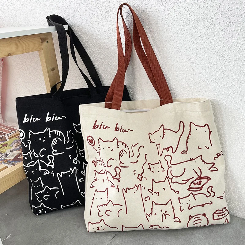 

Art Design Cute Animal Hand-Painted Illustration Shoulder Bag School Bag Literary Retro Large Capacity Canvas Bag For Women