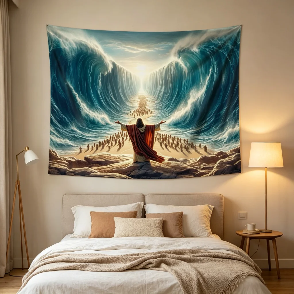 1PC Moses Parting Red Sea Print Backdrop Banner, Bedroom Photo Background, Polyester Wall Hanging, Home Decor, Wall Art