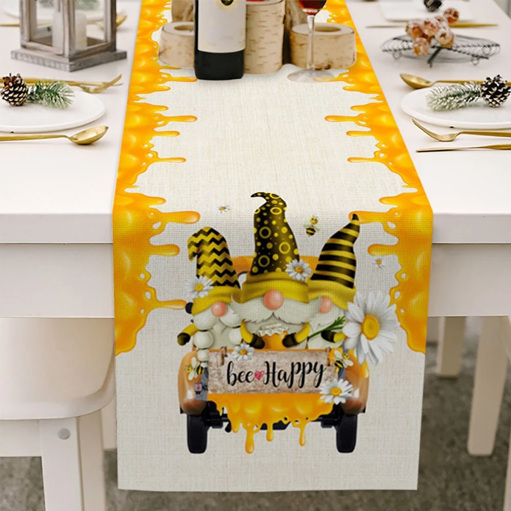 Summer Bee Gnomes Retro Table Runner Bee Decor For Home Spring Kitchen Decor Farmhouse TableCloth Kitchen Dinging Table Decor