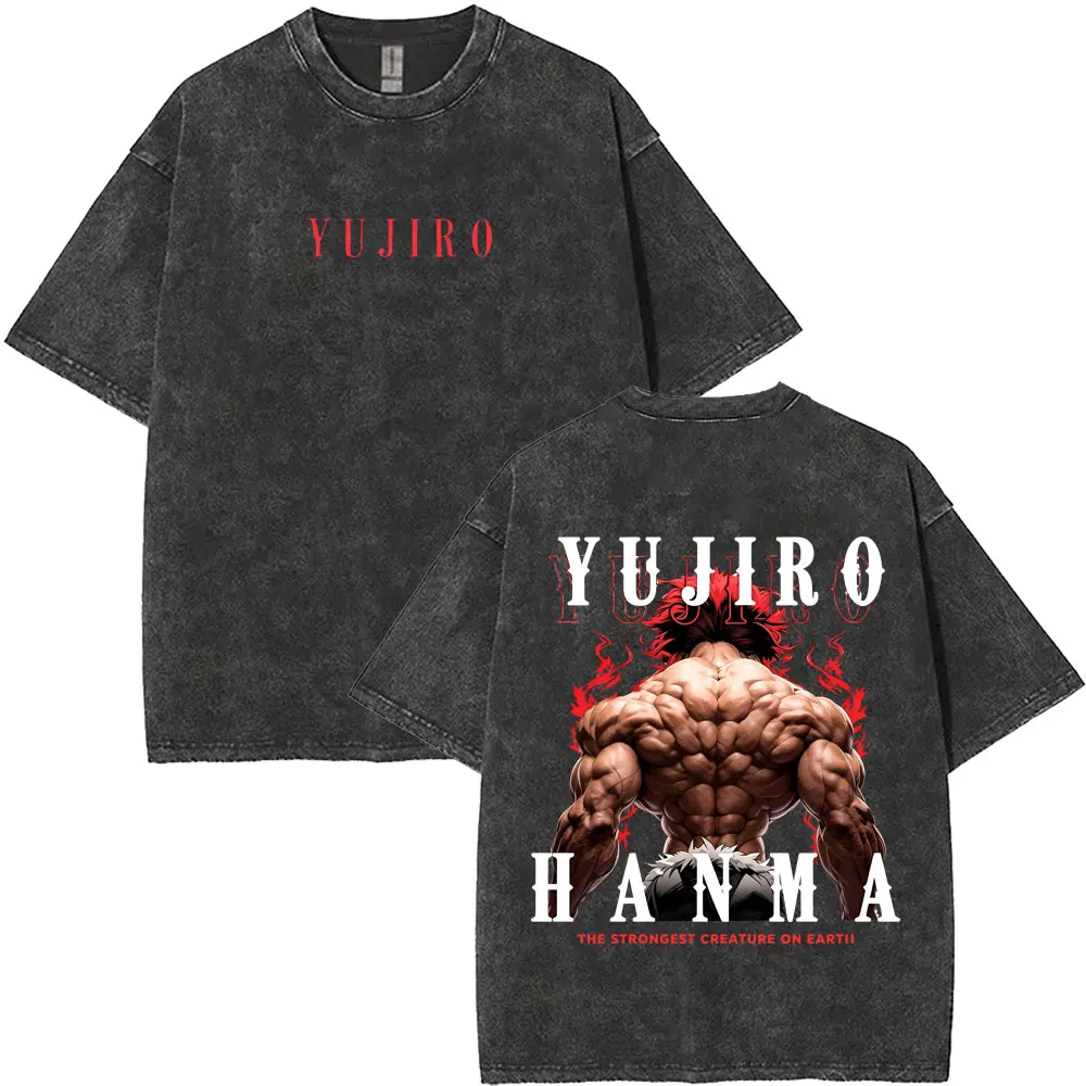 Washed Vintage Anime Baki Yujiro Hanma The Strongest Creature on Earth Graphic T-shirt Men Women Cartoon Manga Harajuku T Shirts