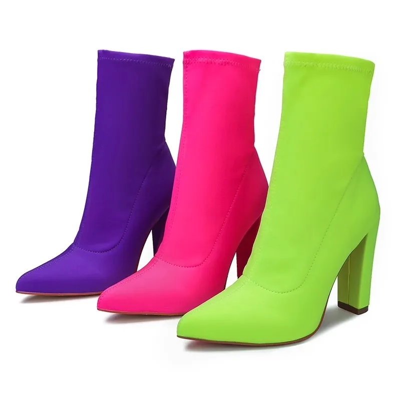 

Candy color Elastic Fabric Sock Boots Pointed toe 10cm Block High Heels Slip on Woman Stretch Booties