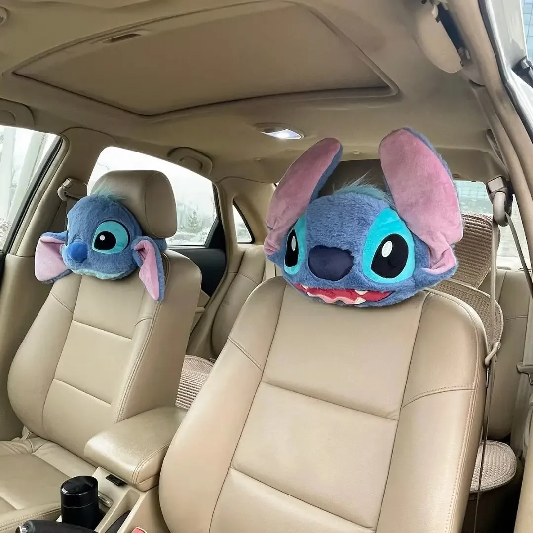 Disney Stitch Car Headrest Seat Neck Pillow Car Cute Plush Interior Accessories Cartoon Safety Belt Accessory