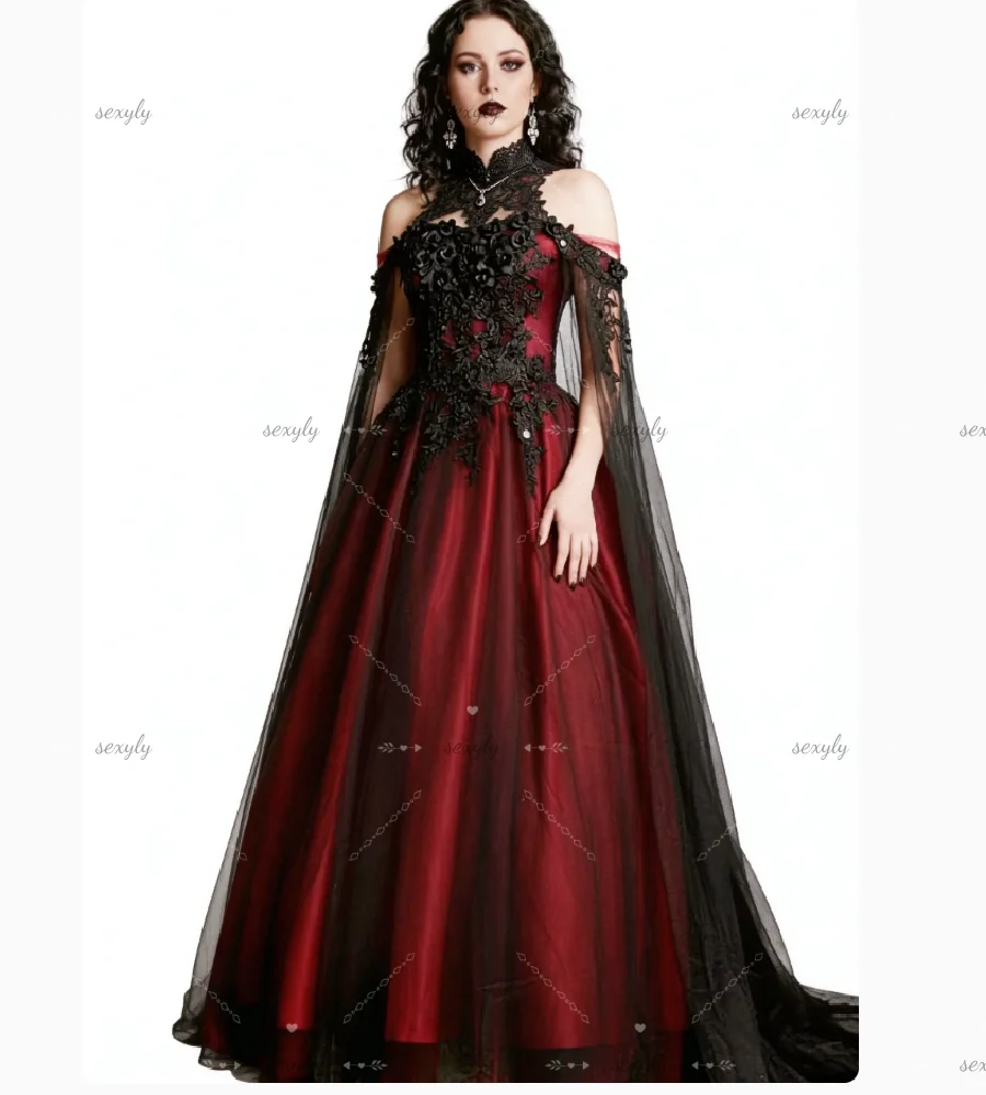 Vintage Black And Red Gothic Wedding Dress With Lace Elegant Bohemain 3D Florals Bridal Gowns Celtic Country Garden Withcy Bride