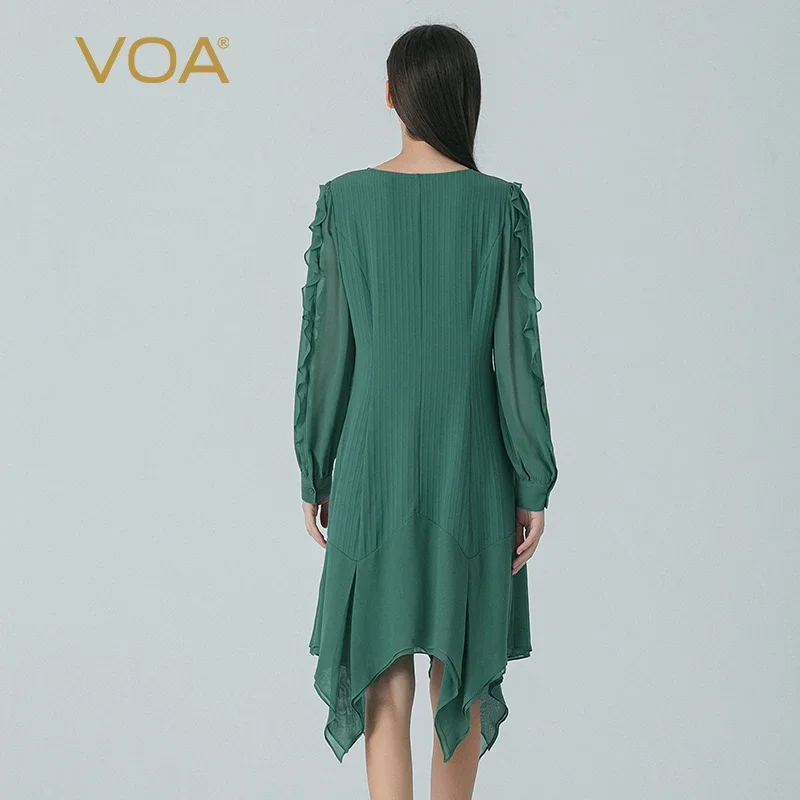 (Fans Exclusive Discount) VOA Real Silk Stripe Green O-neck Shirt Long Sleeve Splicing Curved Hem Silk Party Dress Spring AE1852