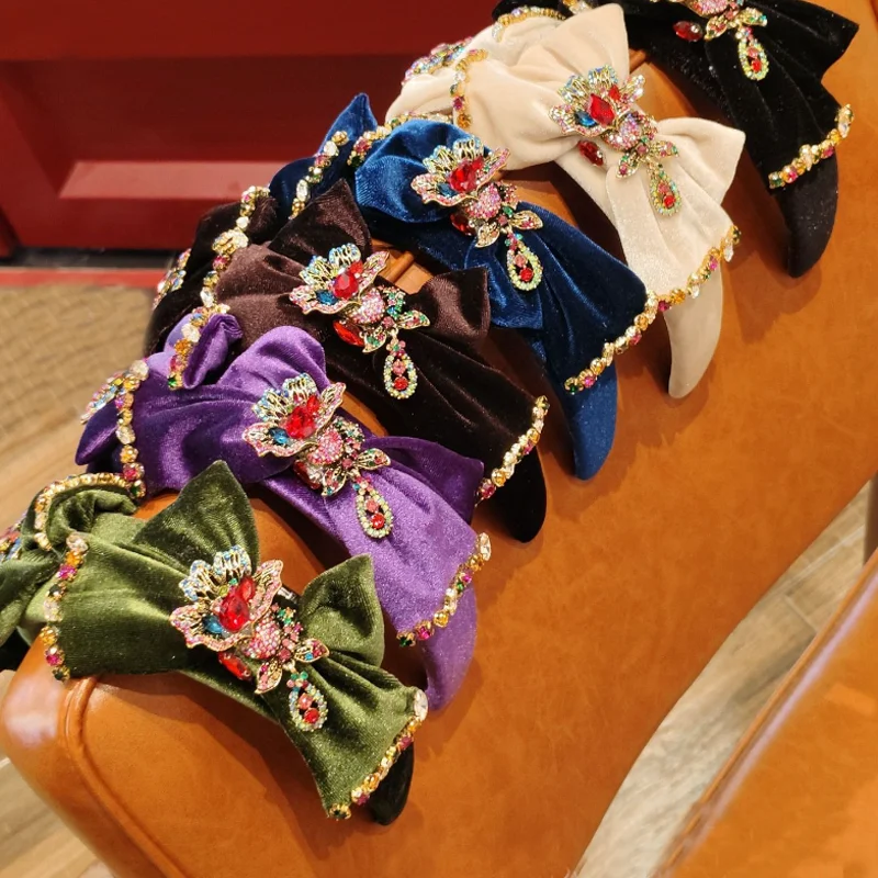 

Retro Velvet Bow Princess Headband Luxurious Color Diamond Baroque Hair Hoop Dinner Party Hair Clip Women Hairband Accessories