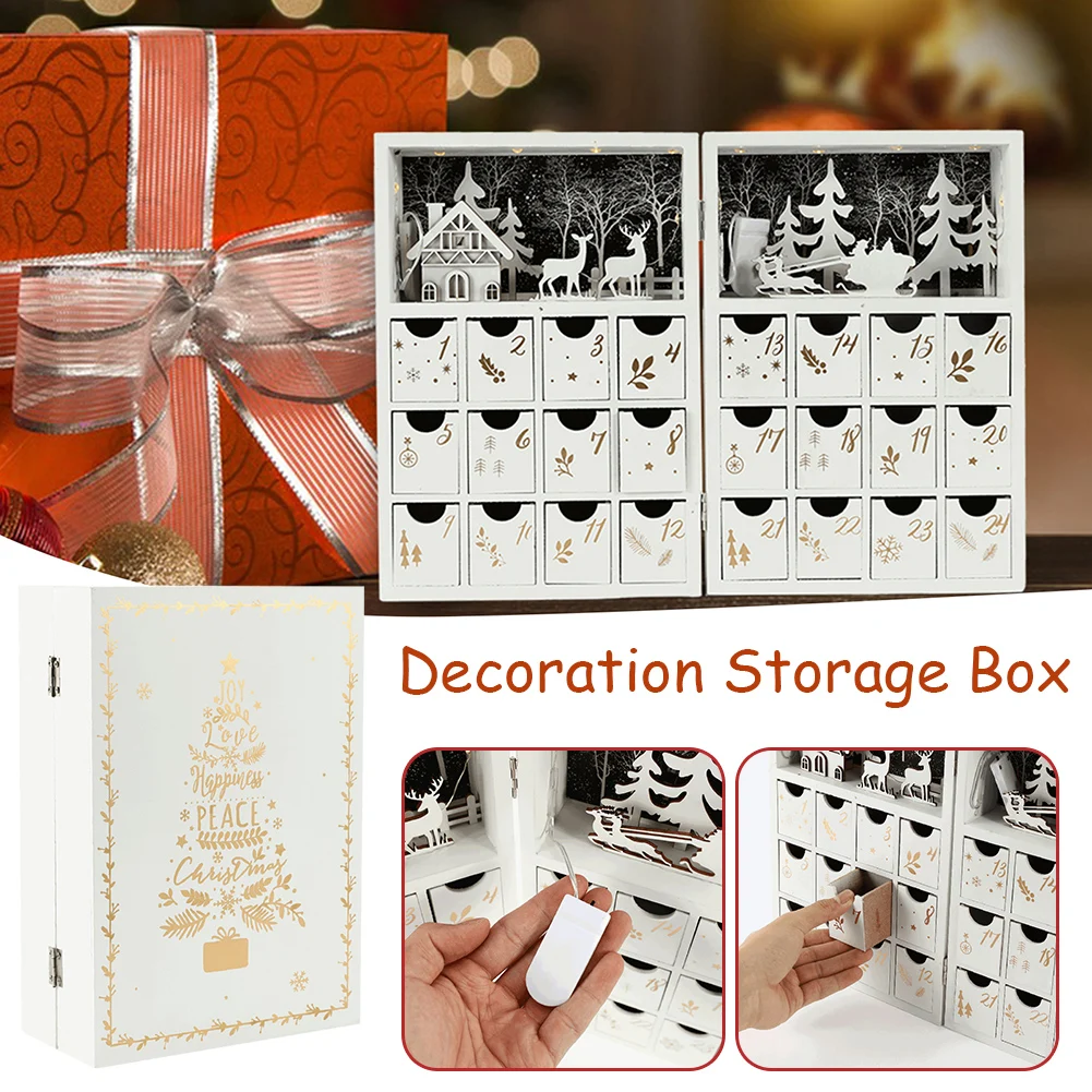 Christmas Advent Calendar Hanging Home Ornaments Cute Book White Elk Snow Snowflakes Wooden DIY Candy Box Drawer Creative Gift