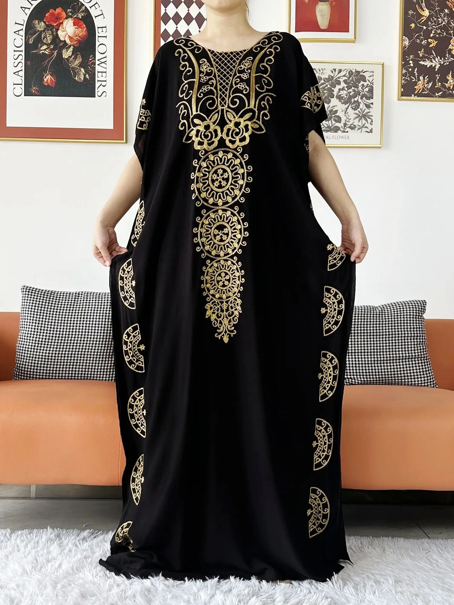 2024 Muslim Abaya Solid Color Cotton Embroidery Dress Short Sleeve Loose Dress Elegant Summer Maxi Casual Dress with Scarf