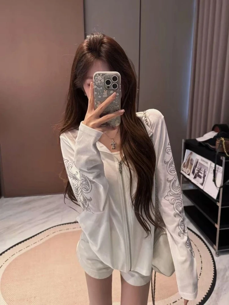 Y2K Vintage Streetwear Sun Protective Jacket Women Stand Collar Sanskrit Rhinestone Print Loose Slim Lightweight Casual Elegant