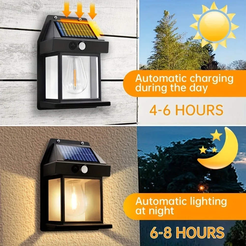 Imagem -02 - Solar Tungsten Noite Lâmpada com Inteligente Sensor de Movimento Lâmpada de Parede Lanterna Impermeável para Pátio Decoração do Jardim Modos de Iluminação