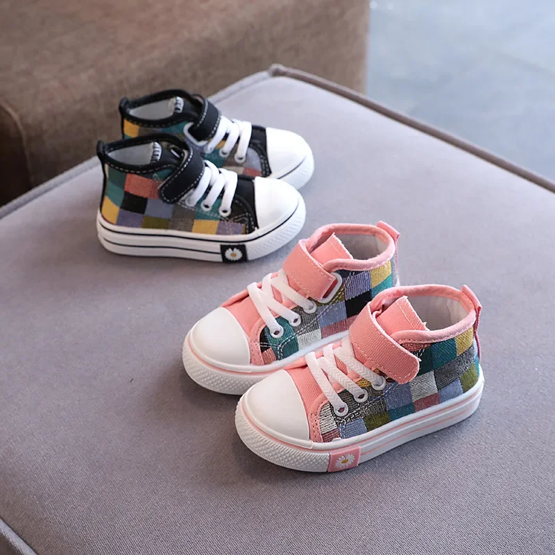 Children New Fashion Canvas Shoes Boys Girls Flower Plaid Prints Board Shoes High Top Soft Sole Non Slip Hook and Loop Shoes