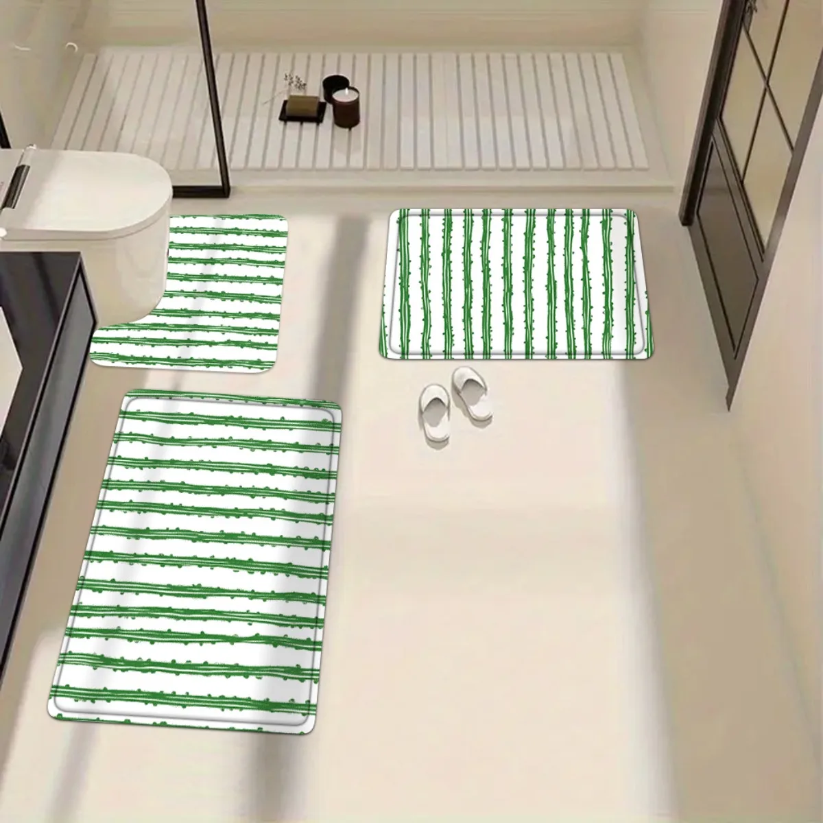 Fresh Green Striped Bathroom Mat Set 3 Piece Luxury Bath Rug Home Decor Accessories Spa Toilet Mat