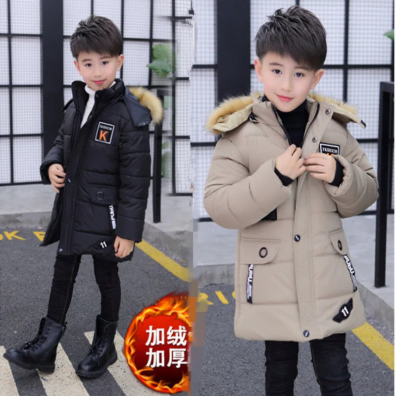 5 6 8 10 12 14 Years Big Boys Jacket Autumn Winter Plus Velvet Warm Teen Kids Jackets Fashion Mid-Length Zipper Hooded Boys Coat