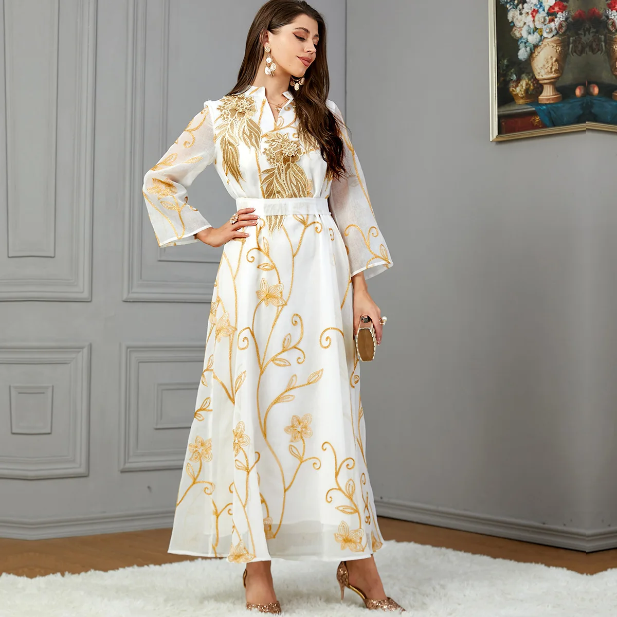 Elegant Gold Floral Embroidery Women Jalabiya Kaftan Dress Moroccan Arabic Party Banquet Wedding Muslim Ramadan Eid Abaya White