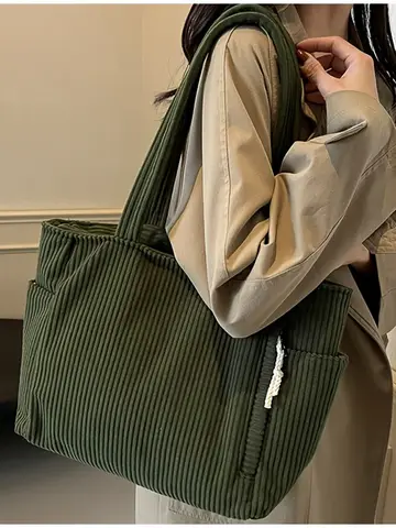 Casual Corduroy Handbag with Zipper Closure Light and Large Capacity Fixed Shoulder Strap Solid Color Daily Commuter Handbag
