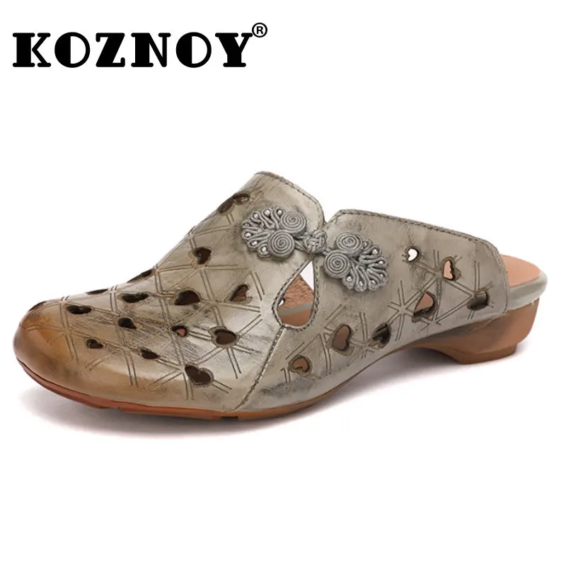 Koznoy 3cm Natural Cow Genuine Leather Ethnic Comfy Summer Slippers Women Hollow Breathable Slip on Moccains Fashion Flats Shoes