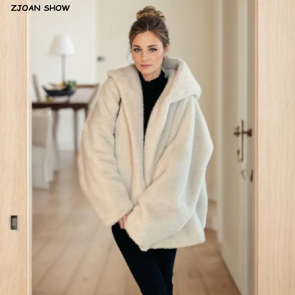 

Winter Milky white Pockets Tie Bow Sashes Hooded Rabbit Faux Fur Coat CHILL Full sleeve Women Short Shaggy Oversized Outerwear