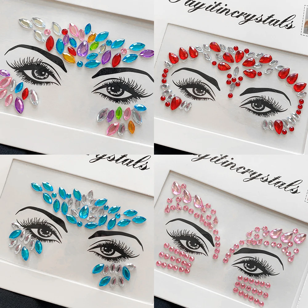 Pegatinas de maquillaje de colores para niños, 5 piezas, diamantes de cristal, piedras preciosas, vacaciones, purpurina, fiesta, adhesivo, tatuajes