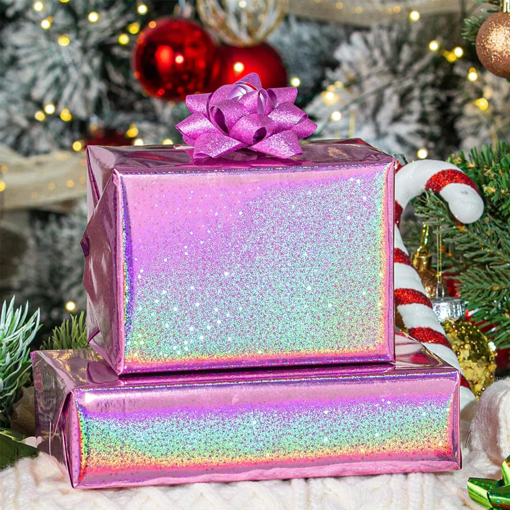 Holographic Pink Glitter Gift Wrapping Paper Laser Star Shiny Iridescent Wrap Paper Roll for Birthday Christmas Party DIY Craft