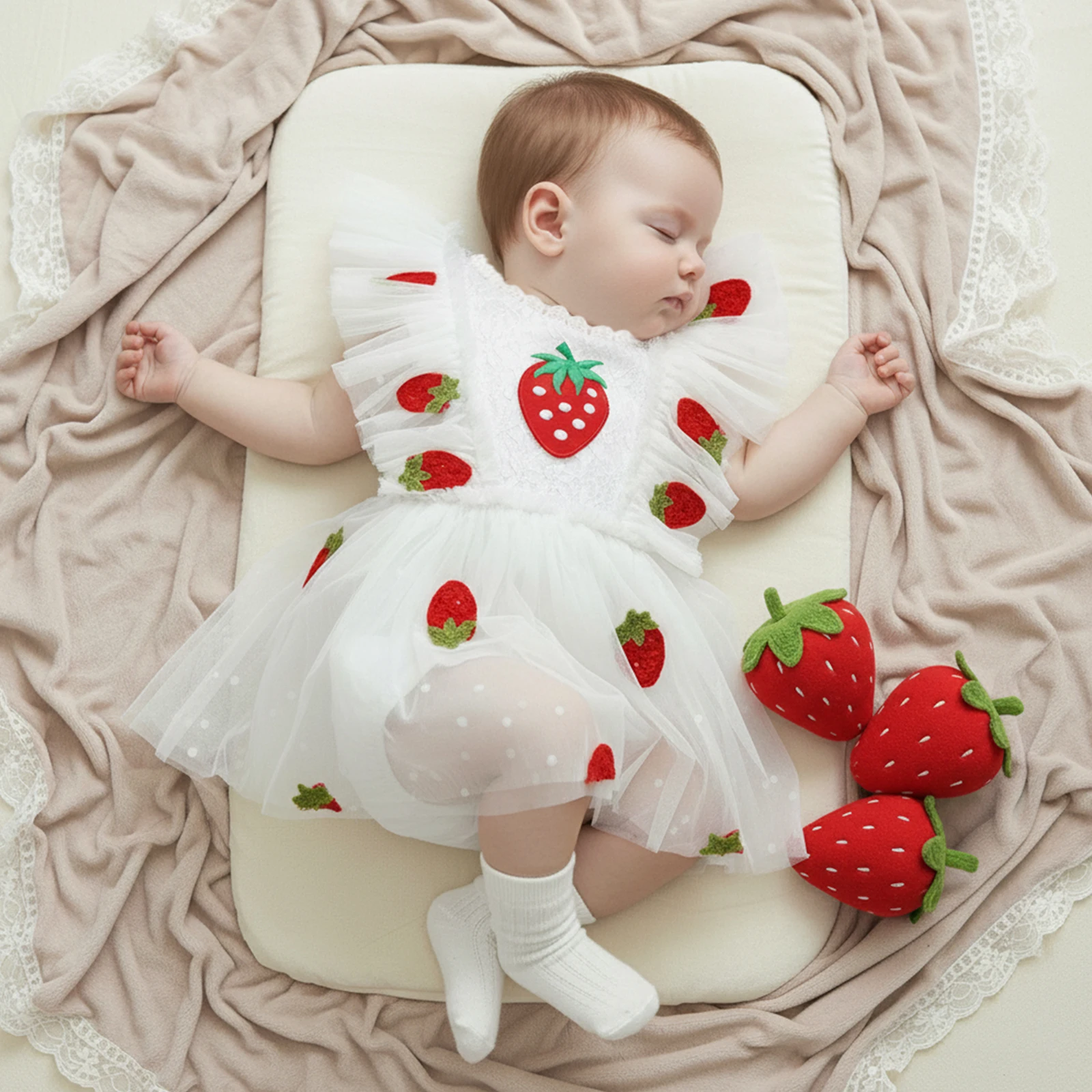 Baby Girl Summer Romper Dress Hollow Out  Lace Crew Neck Flying Sleeve Daisy/Strawberry Embroidery Decor Jumpsuit