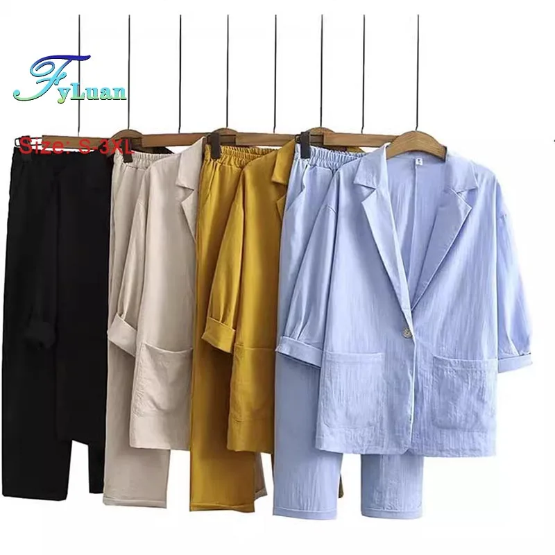 

Женские комплекты из двух предметов из хлопка и льна, костюм, пиджак, пальто + брюки, весенне-весенние свободные модные повседневные костюмы, офисная одежда для поездок на работу