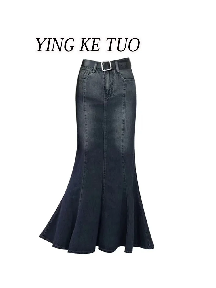 Fashionable Half-length Fish-tail Denim Skirt Women's High-waist A-line Long Skirt Simple Commute Style Pure Color Skirt