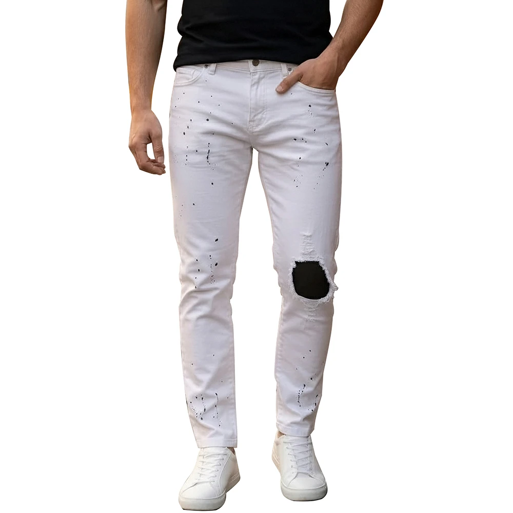 Men's White Denim Jeans Stretch Slim Fit Straight Pants Paint Splatter Patch Ripped Distressed Streetwear Trousers