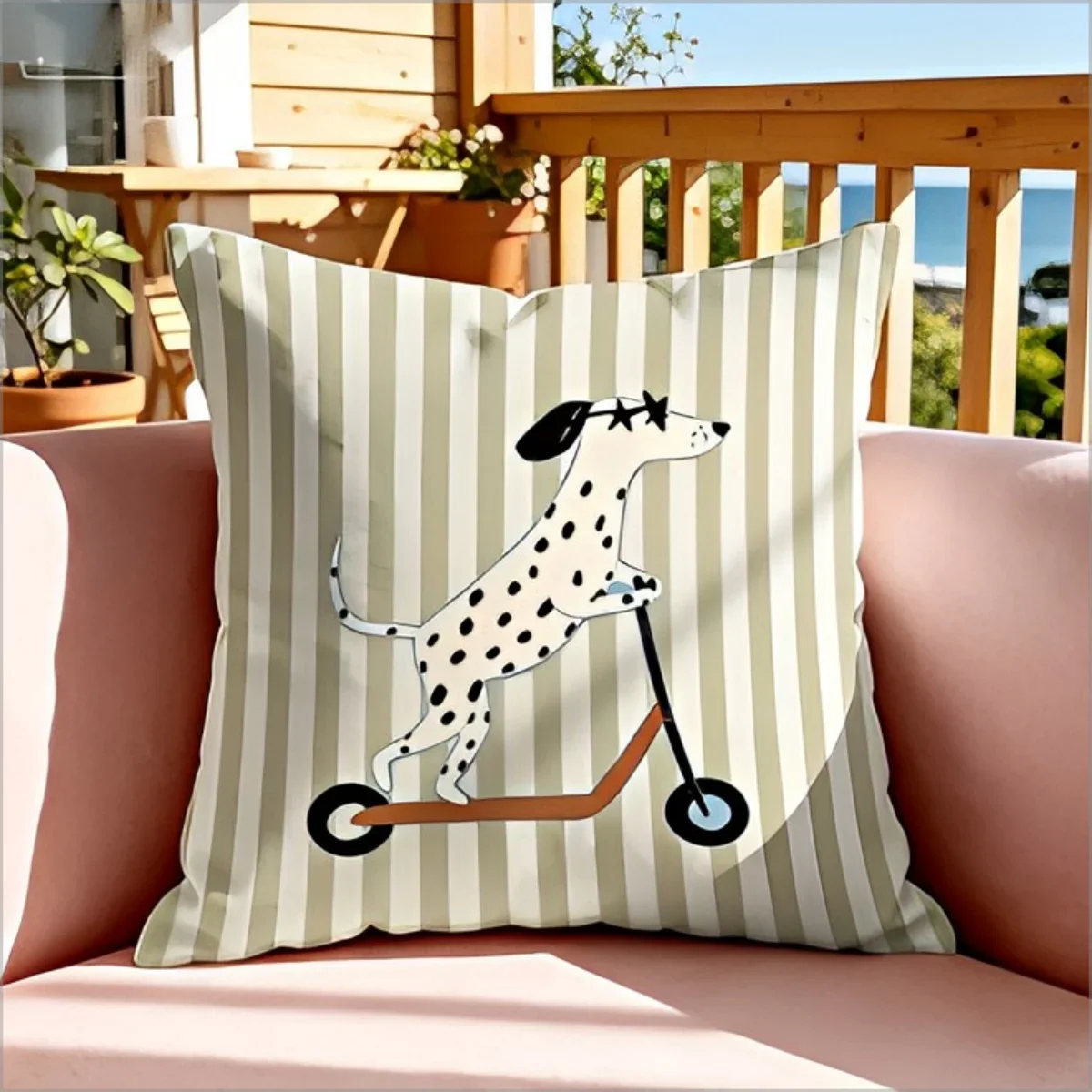 Cute Dalmatian Dog Scooter Throw Pillow Cover Funny Cartoon Pet Print Decorative Cushion Case Sofa Couch Living Room Kids