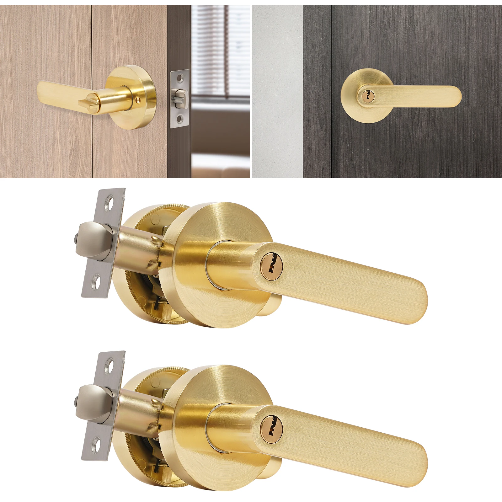 2 Pack Heavy Duty Keyed Entry Door Handle Set Entrance Handleset gold  Door Levers Locks for Bedroom