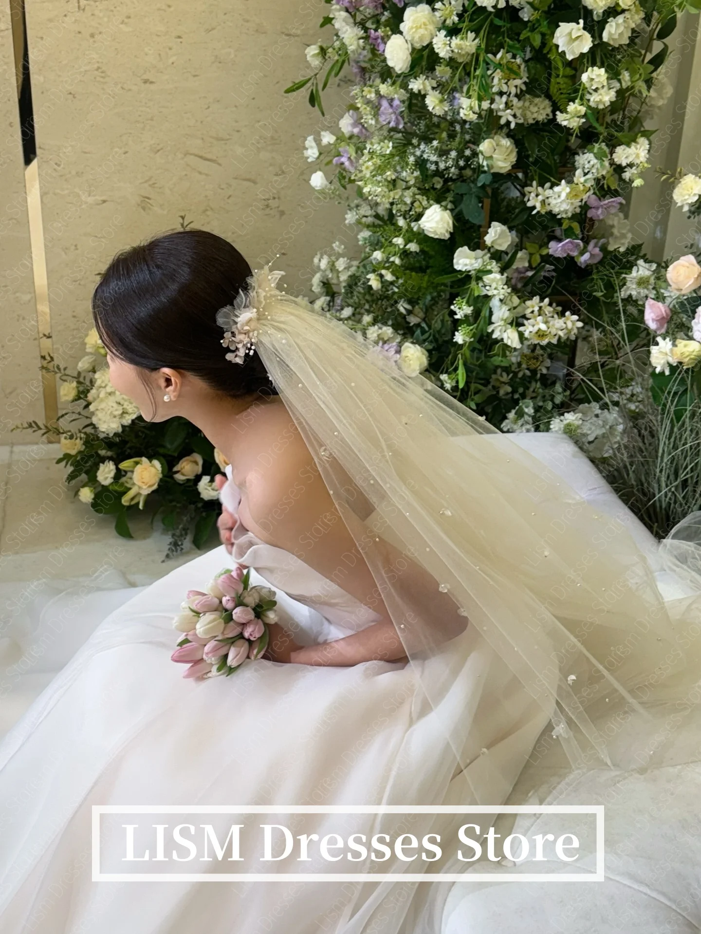 LISM Einfache A-Linie koreanische Brautkleider aus Seidenorganza für Fotoshootings, elegante lange Brautkleider, maßgeschneidert, Omar Nadula Brautkleid