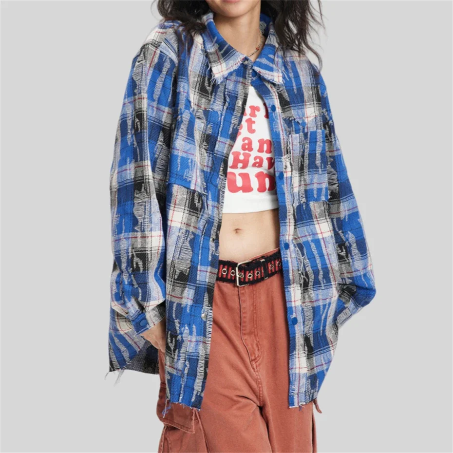 Torn Plaid Shirt Men Harajuku Raw Edge Hole Shirt Men Streetwear Hip Hop Oversized Long Sleeve Red Blue Casual Shirts Top Unisex