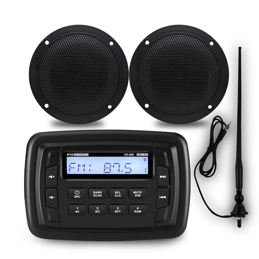 

New Herdio Waterproof Car Radio Stereo Player Bluetooth MP3 + 4 Inch Marine Boat Speaker Outdoor ATV UTV + Antenna