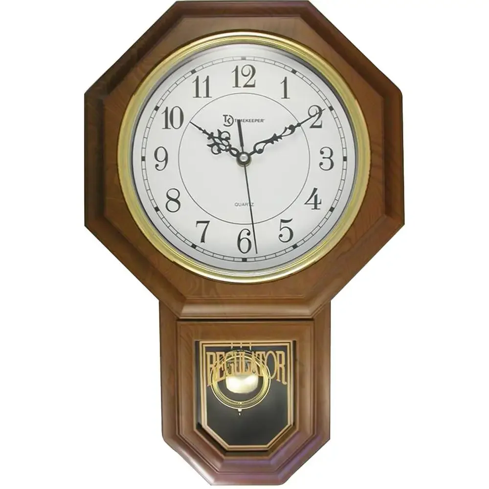 Modern Pendulum Wall Clock Westminster Chime Faux Wood Case Glass Lens AA Battery